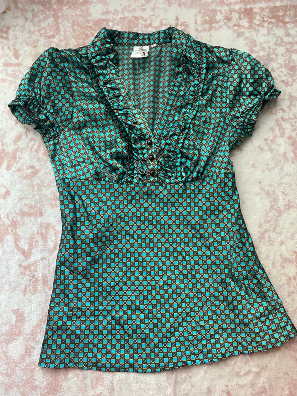 Heart Soul Teal and Black Geometric Ruffle V-Neck Top